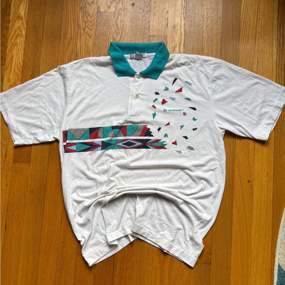 Vintage White Dunlop Polo Shirt with Geometric Design L